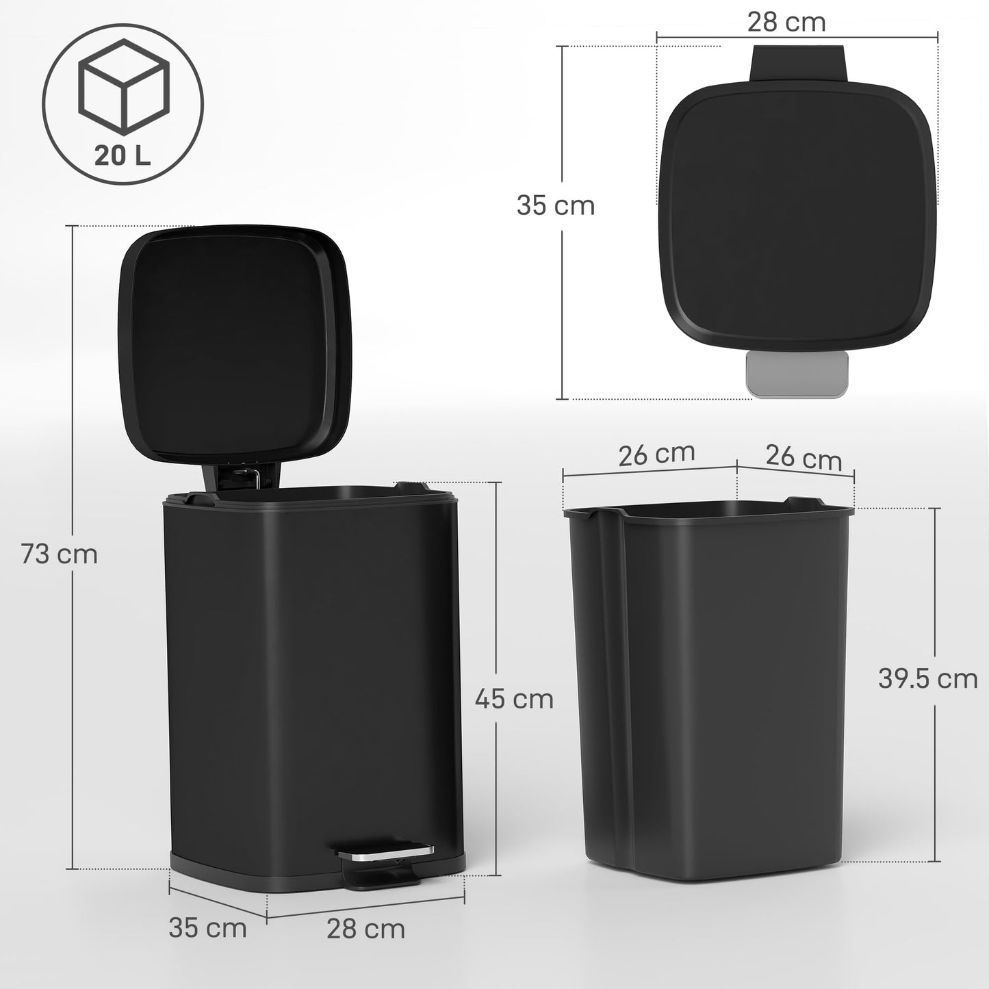 HOMCOM 20 Litre Pedal Bin, Fingerprint Proof Kitchen Rubbish Bin with Soft-close Lid, Foot Pedal and Removable Inner Bucket for Recycling and Waste, Black