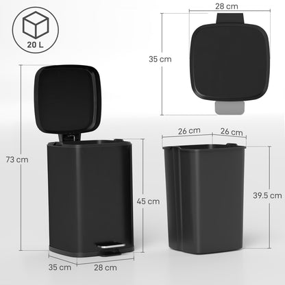 HOMCOM 20 Litre Pedal Bin, Fingerprint Proof Kitchen Rubbish Bin with Soft-close Lid, Foot Pedal and Removable Inner Bucket for Recycling and Waste, Black