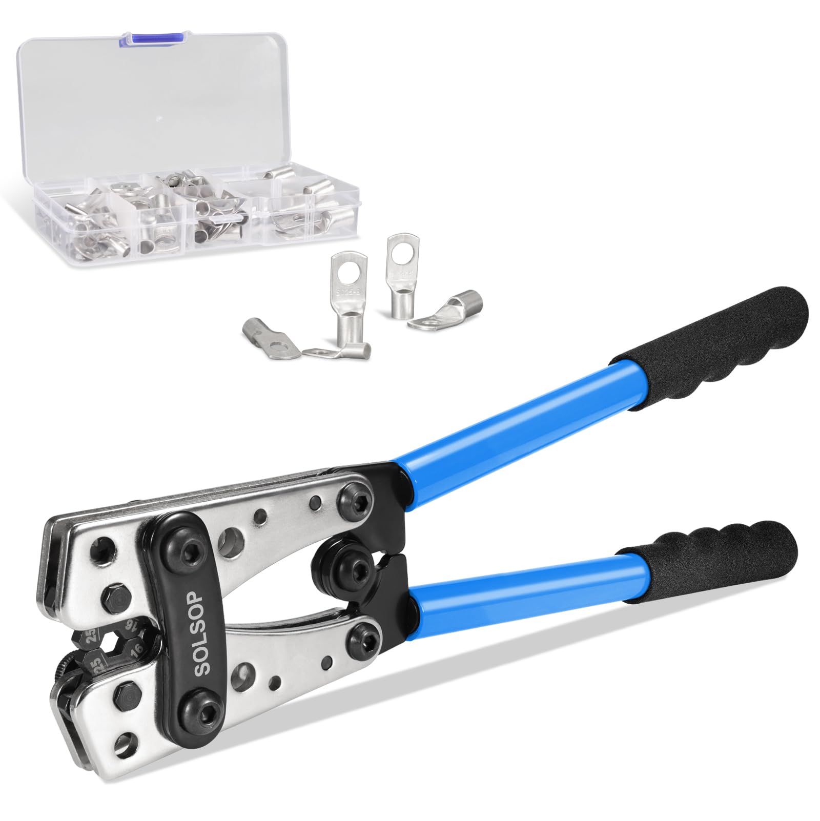 Solsop Battery Cable Crimping Tool Kit for 6, 10, 16, 25, 35, 50mm² (AWG 10-1/0) Cable Lugs, Battery Cable Lug Crimper Tool with 60PCS Copper Ring Terminals 8 Sizes