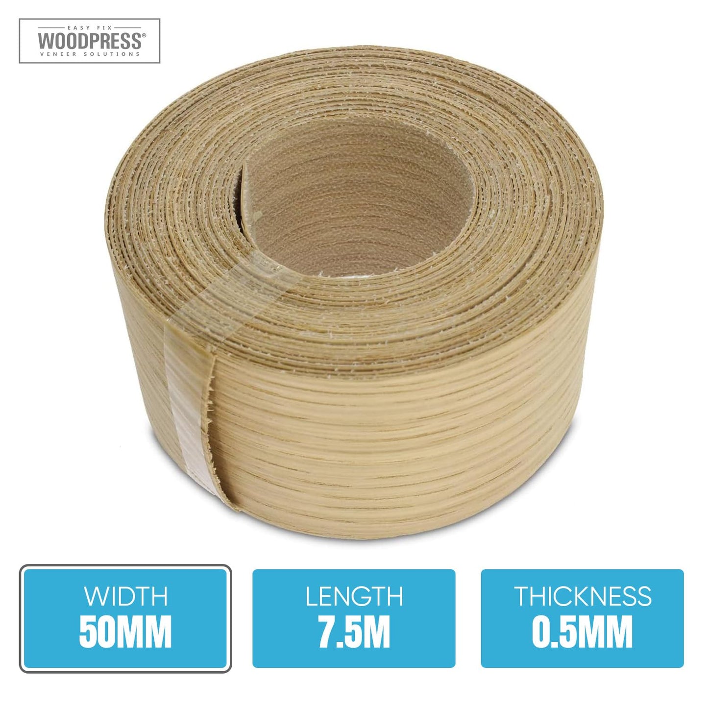 WoodPress® Real Oak Veneer Edging Tape – 50mm x 7.5m | Pre-Glued Iron on Edge Banding w/Hot Melt Adhesive