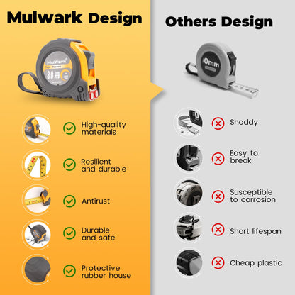 MulWark 8m/26ft Measuring Tape Measure | Metric & Imperial Dual Scale | Magnetic Hook & Wide Blade | Both-Side Metal Blade | Shockproof Case | for Construction, Carpentry & DIY
