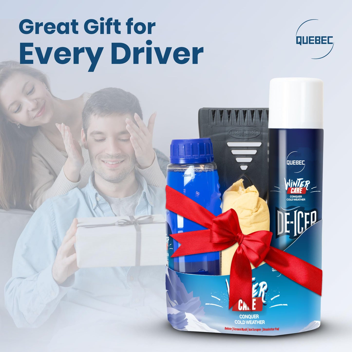 Quebec Winter Essential Gift Pack – Quick Acting Deicer – Removes Dirt and Grime Screen Wash – Prevents Re-Freezing – Ice Scraper Compact Size – Windscreen Demister Pad – Easy to Use