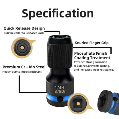 Gerywolf 3 pcs Impact Driver Bit Adapter Set, 1/2, 3/8, and 1/4" Female Drive to 1/4" Hex Socket Adapters, Impact Wrench Adapter for Ratchet Wrench Drives, Impact Bit Chuck, Quick-Change Chuck