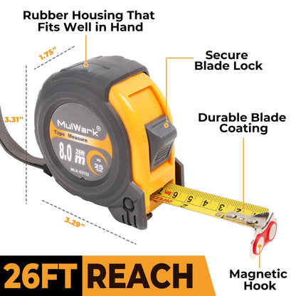 MulWark 8m/26ft Measuring Tape Measure | Metric & Imperial Dual Scale | Magnetic Hook & Wide Blade | Both-Side Metal Blade | Shockproof Case | for Construction, Carpentry & DIY