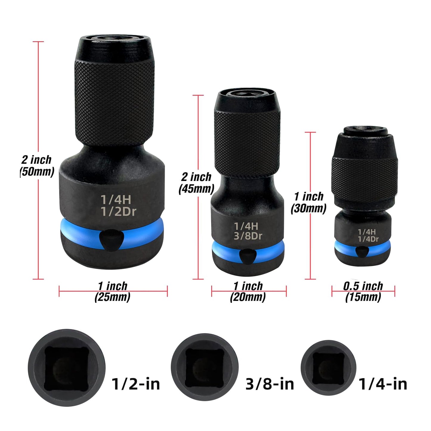 Gerywolf 3 pcs Impact Driver Bit Adapter Set, 1/2, 3/8, and 1/4" Female Drive to 1/4" Hex Socket Adapters, Impact Wrench Adapter for Ratchet Wrench Drives, Impact Bit Chuck, Quick-Change Chuck