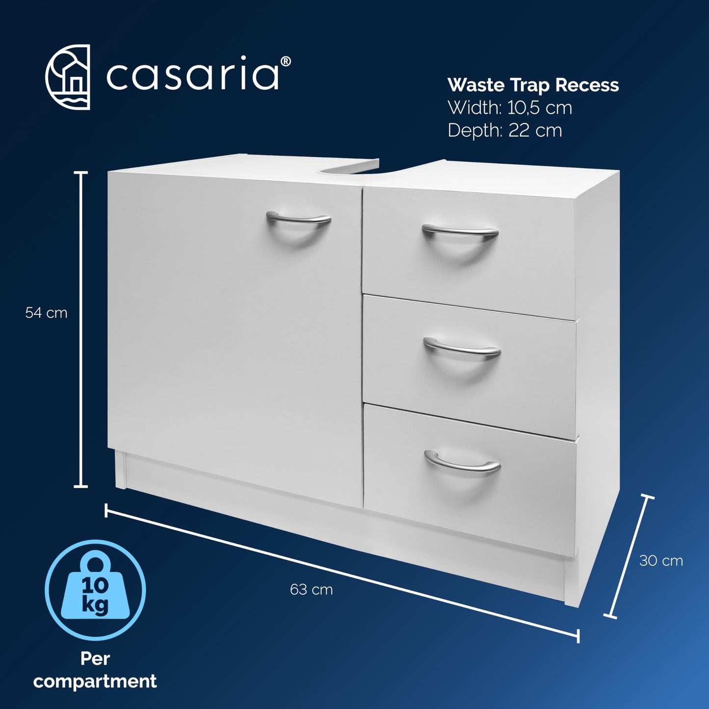CASARIA® Naples Vanity Unit | Under Sink Bathroom Cabinet | Wooden Floor Cupboard | Toilet Roll & Towel Storage with 3 Drawers | White | Under Basin Freestanding Unit | 63 x 54 x 30cm