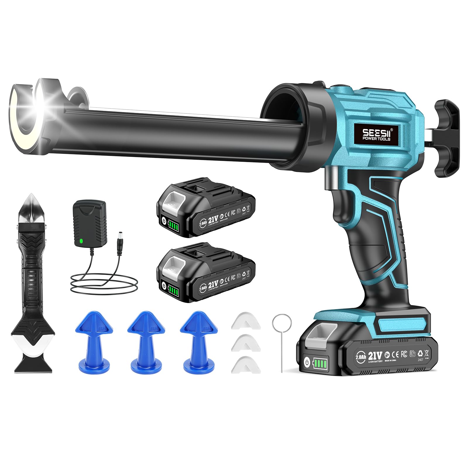 SEESII Silicone Sealant Gun with 2x2000mAh-Batteries, 21V Electric Caulking Gun with LED Light, 4 Adjustable Speeds, Auto Retract for Filling and Sealing
