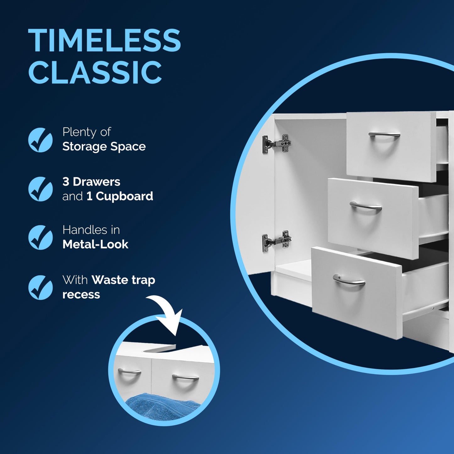 CASARIA® Naples Vanity Unit | Under Sink Bathroom Cabinet | Wooden Floor Cupboard | Toilet Roll & Towel Storage with 3 Drawers | White | Under Basin Freestanding Unit | 63 x 54 x 30cm