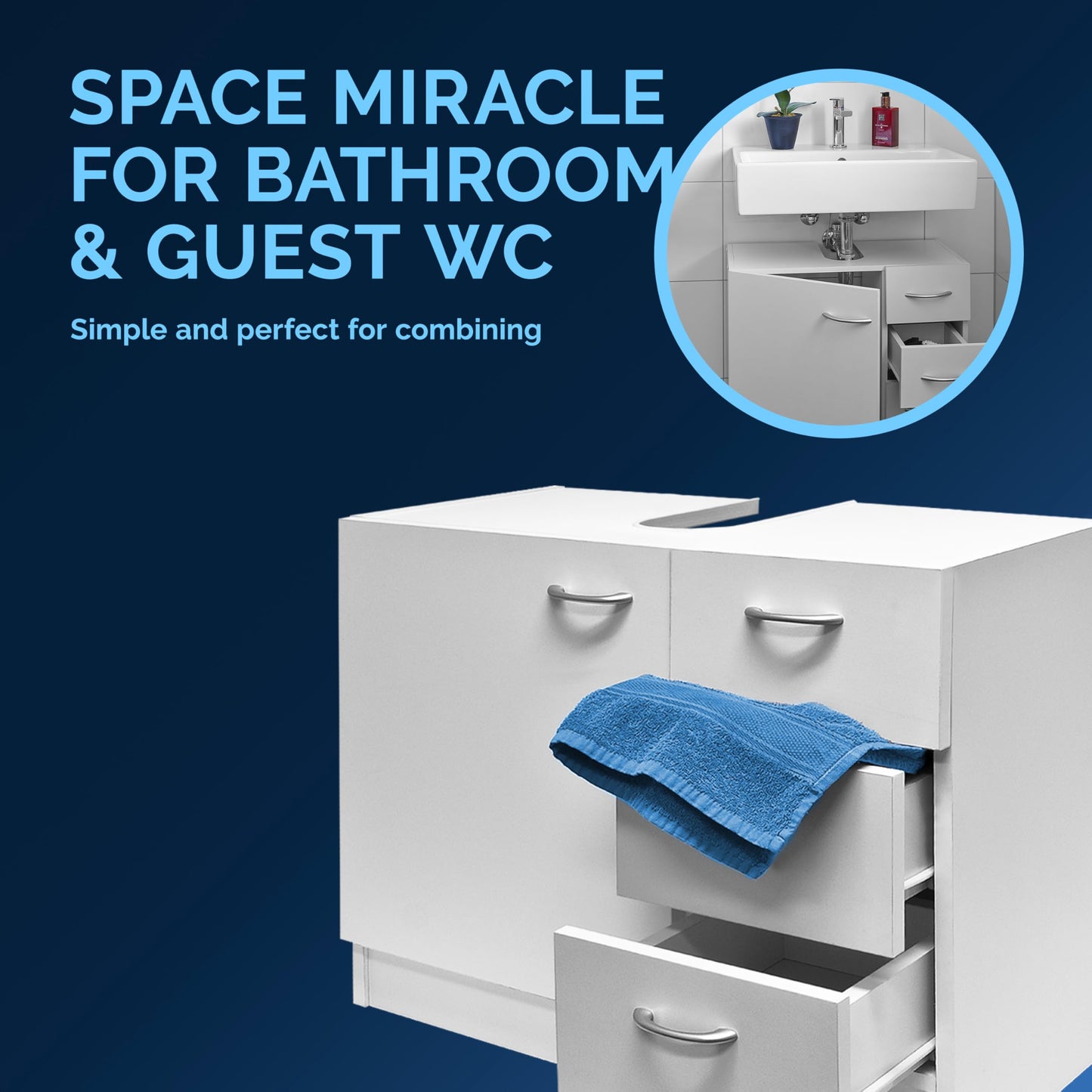 CASARIA® Naples Vanity Unit | Under Sink Bathroom Cabinet | Wooden Floor Cupboard | Toilet Roll & Towel Storage with 3 Drawers | White | Under Basin Freestanding Unit | 63 x 54 x 30cm