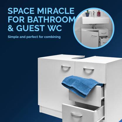 CASARIA® Naples Vanity Unit | Under Sink Bathroom Cabinet | Wooden Floor Cupboard | Toilet Roll & Towel Storage with 3 Drawers | White | Under Basin Freestanding Unit | 63 x 54 x 30cm