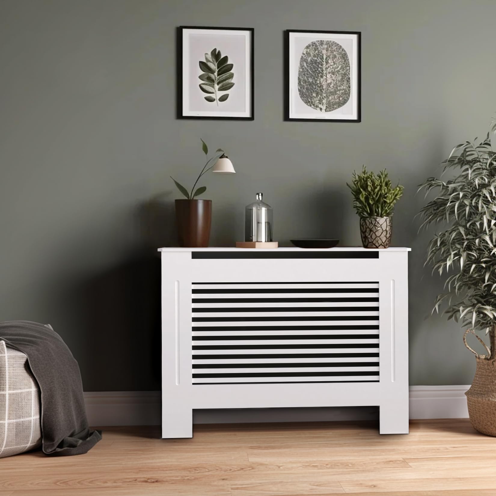 FATIVO Tall Radiator Cover 90cm high, External 92cm Height White Small Heater Covers Inner Height 90cm Horizontal Slats Modern Shelf Thickened Wooden Living Room Bedroom
