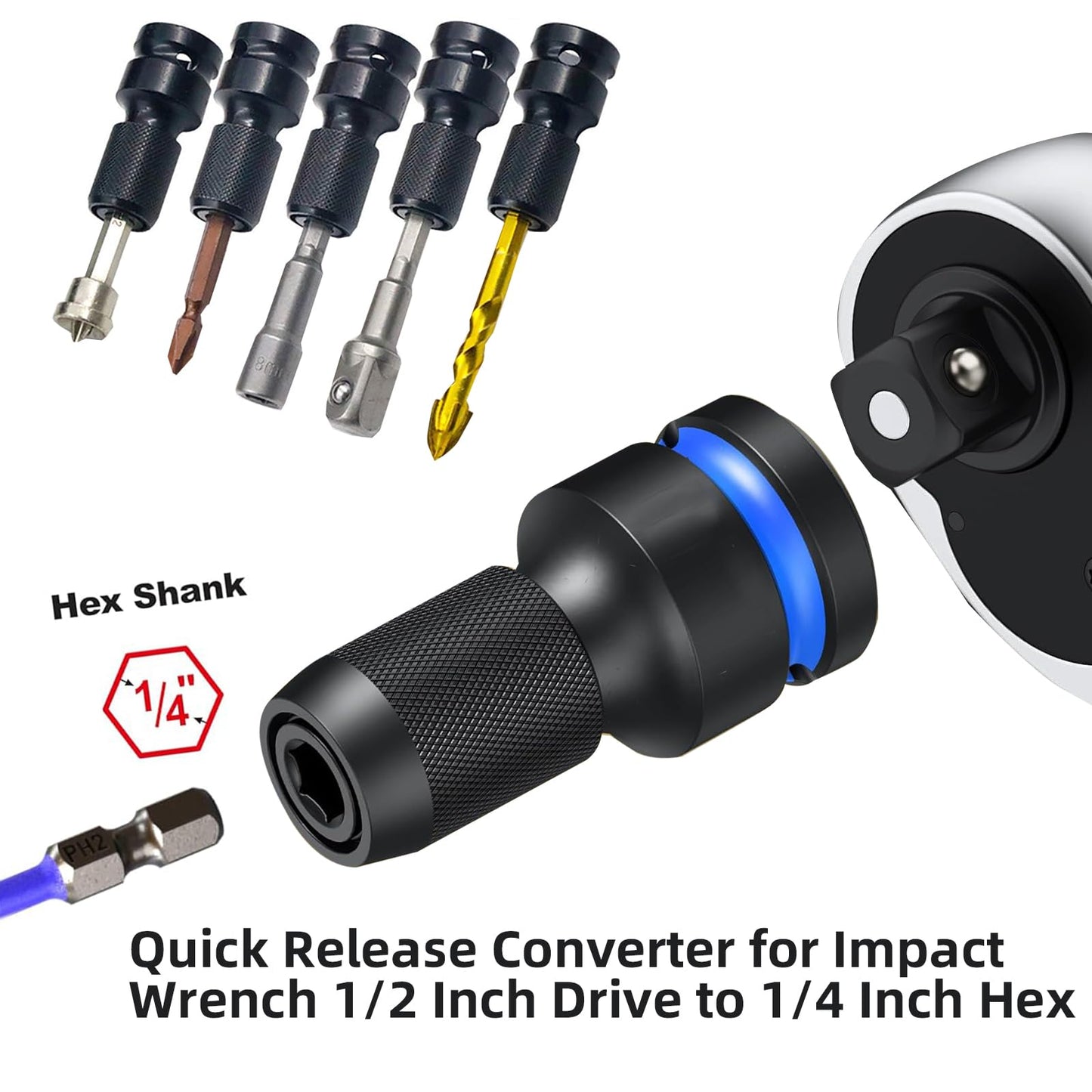Gerywolf 3 pcs Impact Driver Bit Adapter Set, 1/2, 3/8, and 1/4" Female Drive to 1/4" Hex Socket Adapters, Impact Wrench Adapter for Ratchet Wrench Drives, Impact Bit Chuck, Quick-Change Chuck