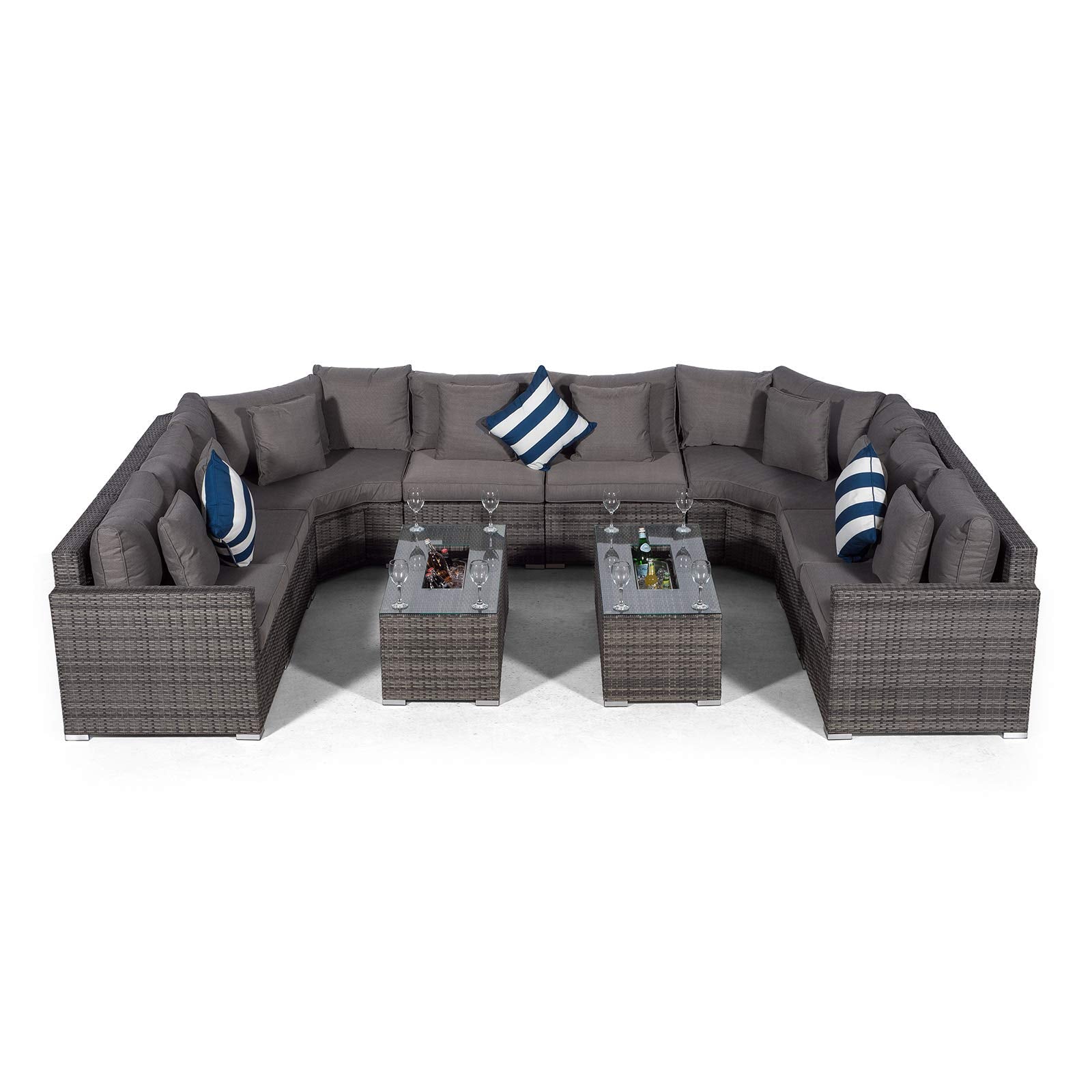 Giardino Santorini Large 8 Seater Grey Rattan Sofa Set with 2 Drinks Cooler Coffee Tables + Outdoor Rattan Furniture Cover | U Shaped Modular Poly Rattan Garden Sofa Set | Outdoor Conversation Set