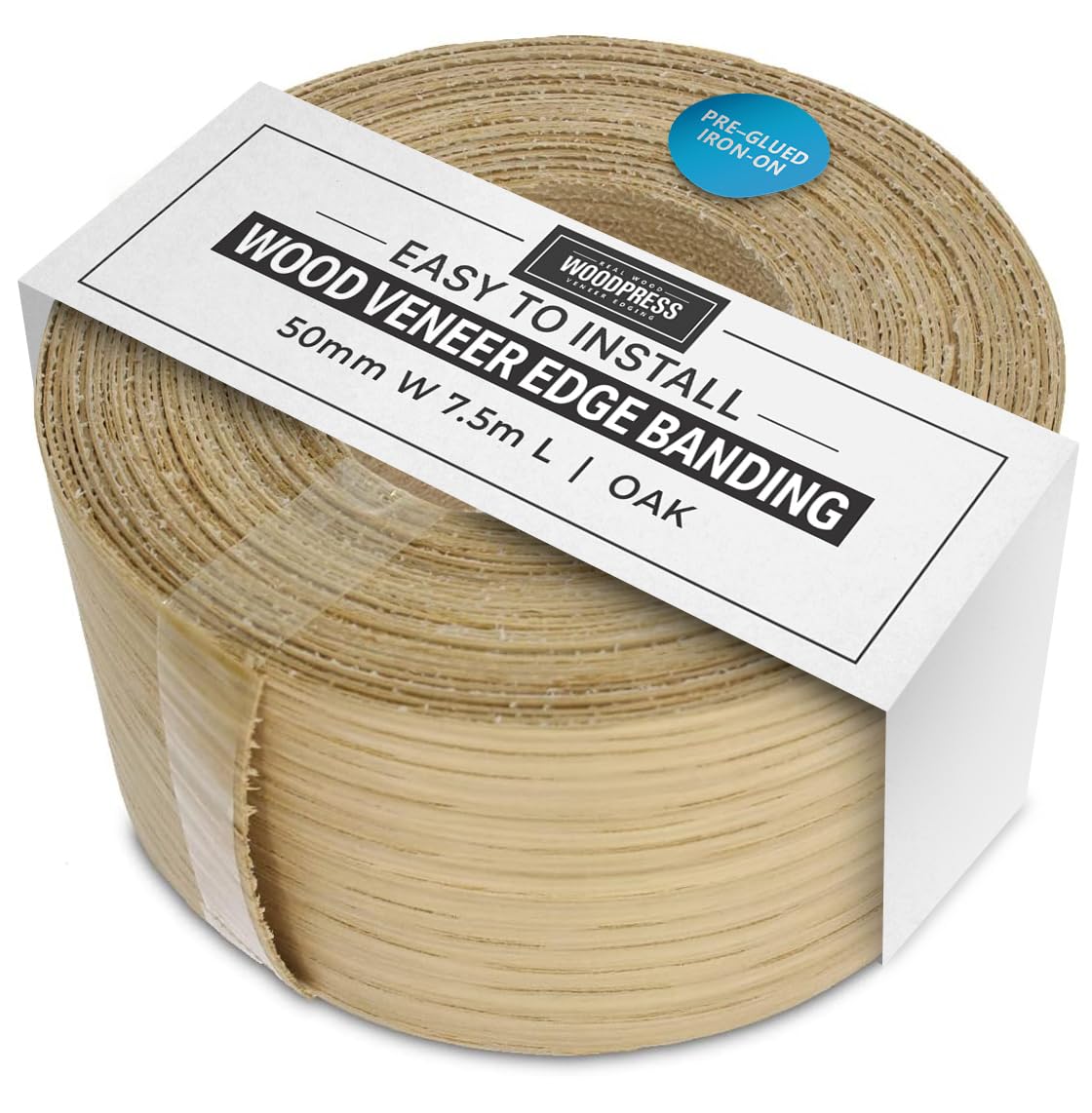 WoodPress® Real Oak Veneer Edging Tape – 50mm x 7.5m | Pre-Glued Iron on Edge Banding w/Hot Melt Adhesive