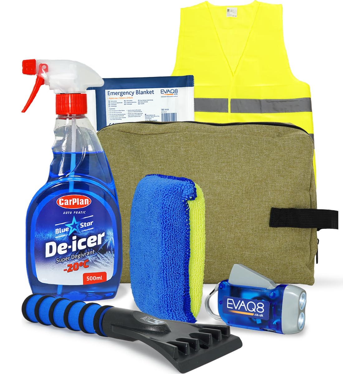 EVAQ8 Car Winter Intermediate Pack – De-icer Spray, Soft-Grip Ice Scraper, Demister Sponge, Wind-Up Torch, Foil Blanket & High-Visibility Vest in Deluxe Gift Bag