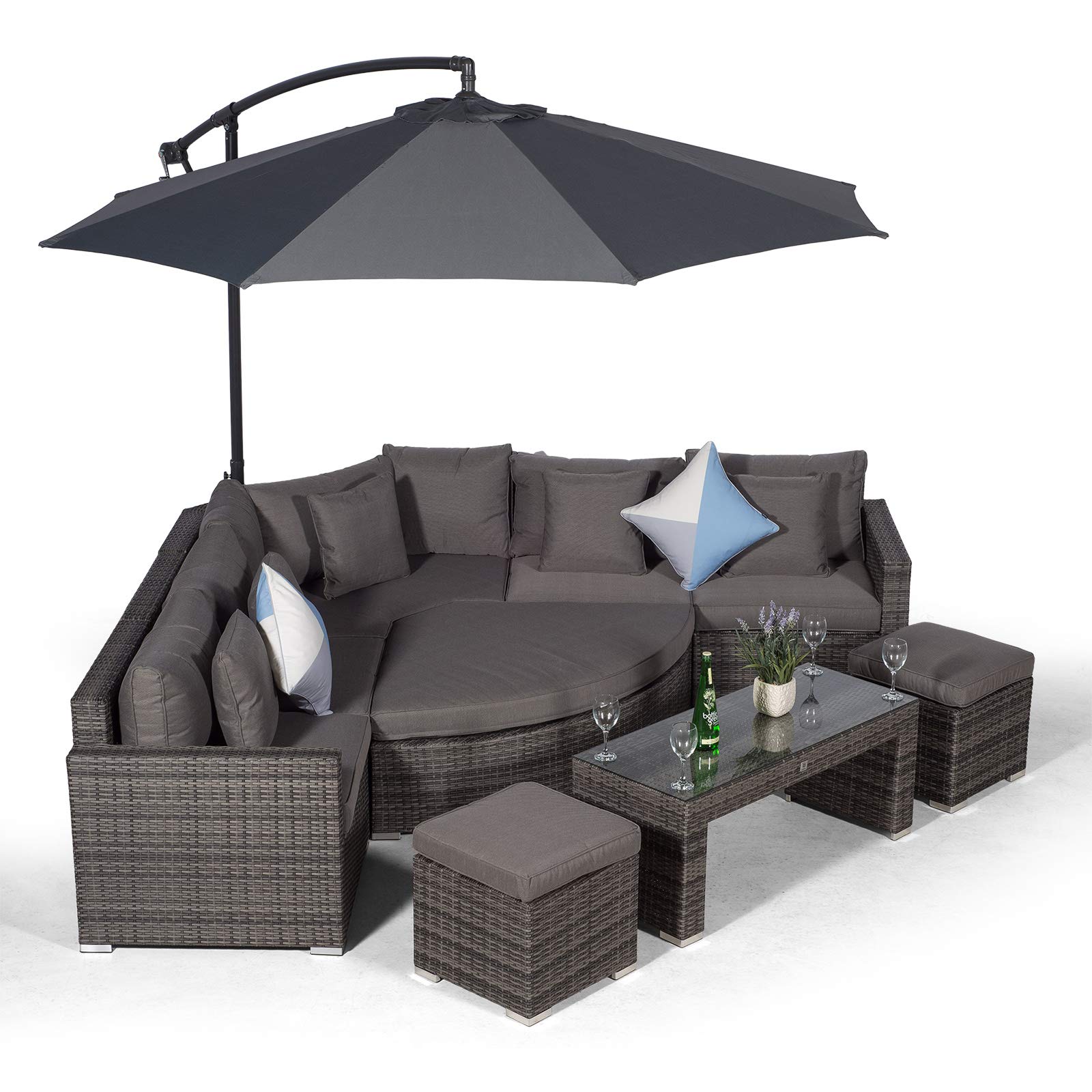 Giardino Santorini 5 Seat Grey Rattan Corner Sofa Set + 2 Stool Coffee Table + Parasol + Outdoor Furniture Cover | L Shaped Outdoor Corner Sofa | Poly Rattan Garden Sofa Set + Sun Lounger & Daybed