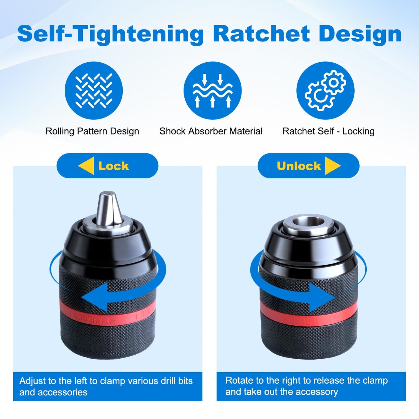 3-in-1 Keyless Drill Chuck Adapter, 1/2"-20 UNF Thread, 1.5-13mm Capacity, with 1/4" Hex, 1/2" Sq, 3/8" SDS-Plus Adapters for Impact Driver, Wrench, Rotary Hammer