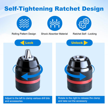 3-in-1 Keyless Drill Chuck Adapter, 1/2"-20 UNF Thread, 1.5-13mm Capacity, with 1/4" Hex, 1/2" Sq, 3/8" SDS-Plus Adapters for Impact Driver, Wrench, Rotary Hammer