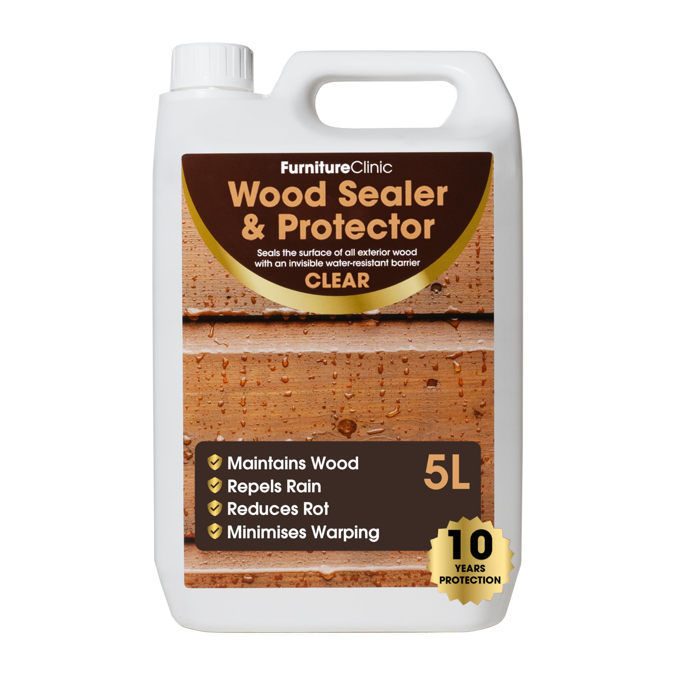 Furniture Clinic Outdoor Wood Preserver - 5L Clear Waterproof Wood Sealant Treatment for Garden Furniture, Fences, Decking & Sheds - Easy Application with a Brush, Roller or as a Spray