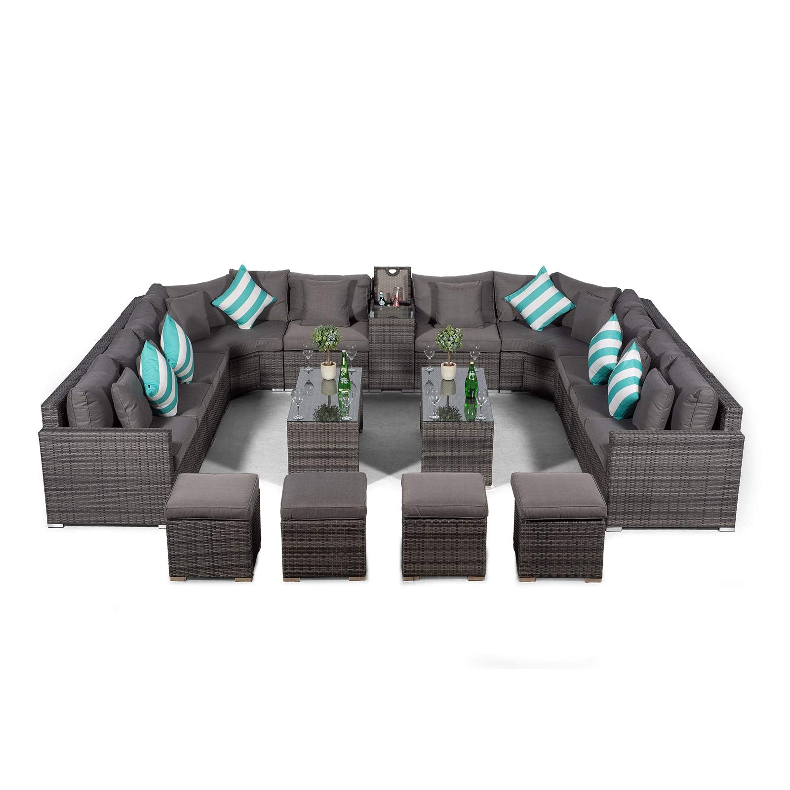 Giardino Santorini Large 10 Seater Grey Rattan Sofa Set + 2 Coffee Tables, 4 Stools + Armrest Cooler + Outdoor Rattan Furniture Cover | Modular Poly Rattan Garden Sofa Set | Outdoor Conversation Set