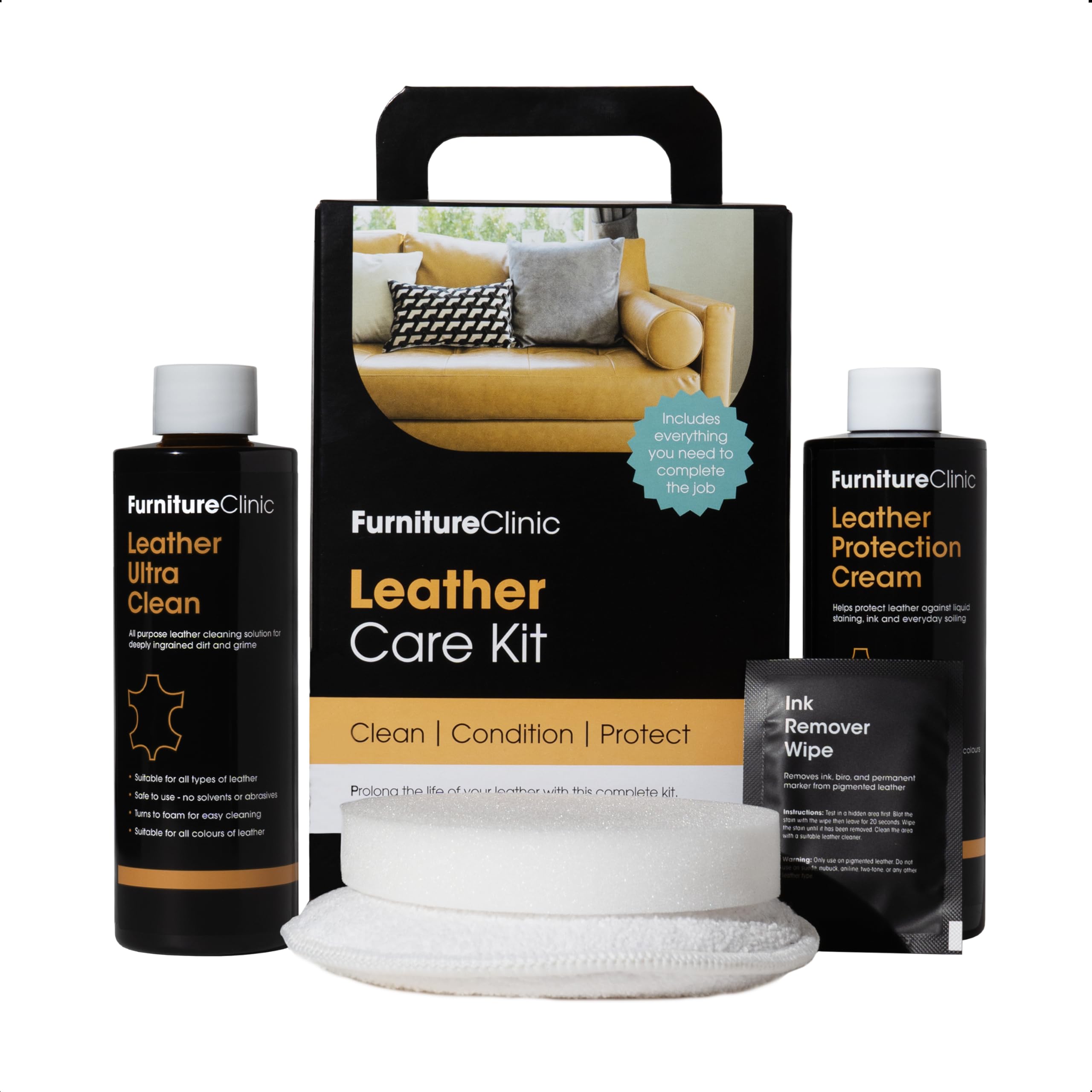 Furniture Clinic Leather Furniture Care Kit - Premium Cleaning Kit for Sofas & Furniture - 250ml Cleaner & Conditioner – For All Types of Leather