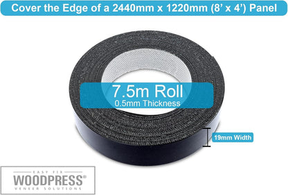 WoodPress® 19mm Matt Black Melamine Edging, Pre-Glued Veneer Tape – 7.5m Roll - Iron-On for Easy DIY Application – Will Cover the Edge of a Standard MDF Panel