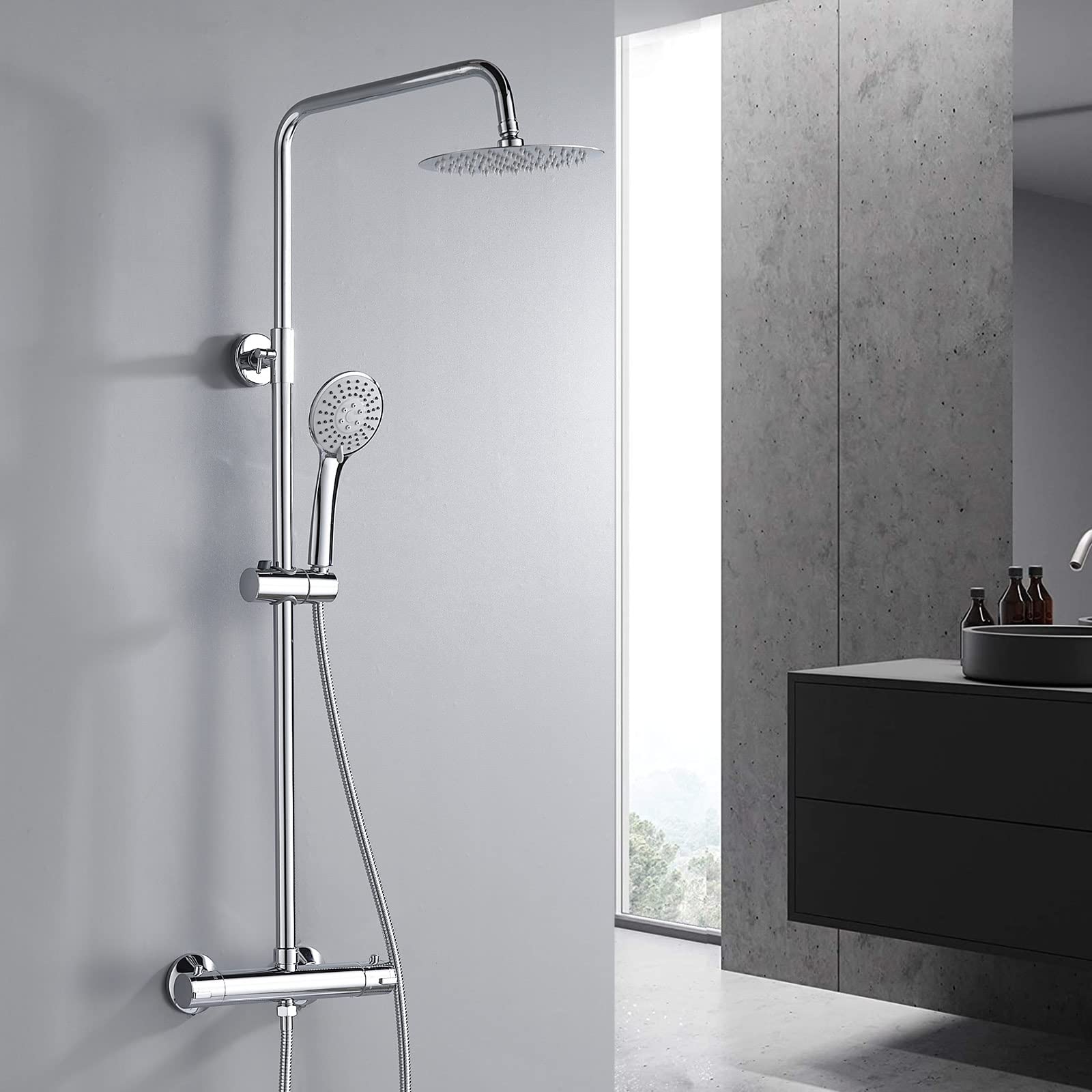 NewEast Thermostat Shower System, Chrome Thermostatic Shower Mixer Set with Overhead Rain Shower and Handheld Shower, Shower Set