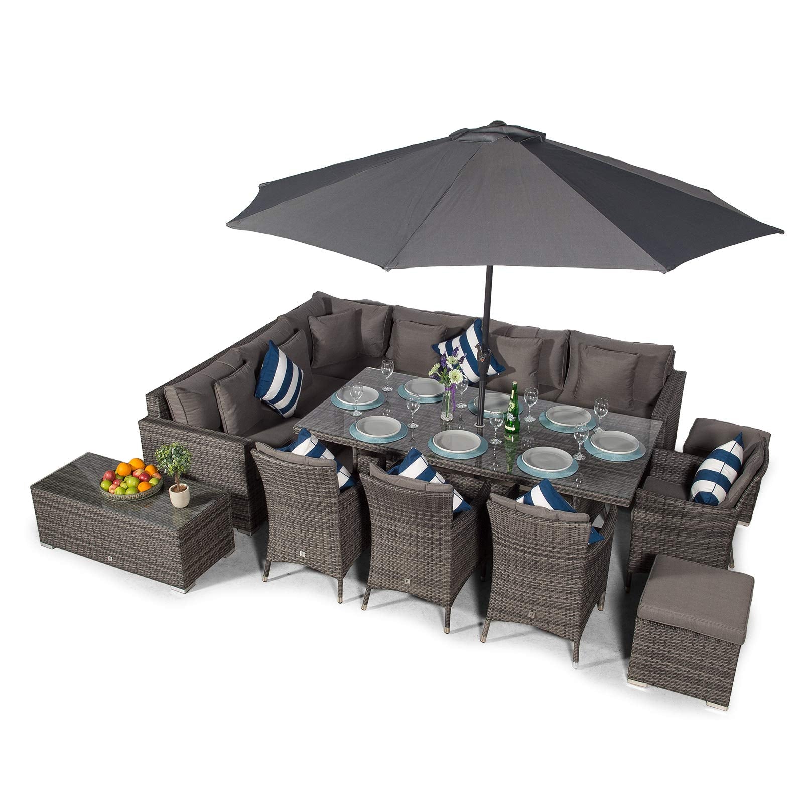 Giardino Havana 10 Seat Grey Rattan Corner Sofa Dining Set with 2x1m Rattan Dining Table, 4 Rattan Dining Chairs, Coffee Table, Parasol & Outdoor Furniture Covers | Rattan Dining Garden Furniture