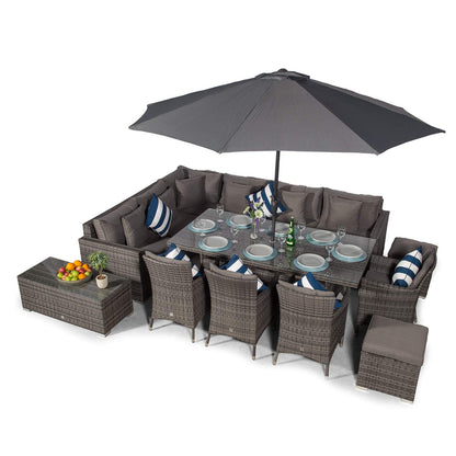 Giardino Havana 10 Seat Grey Rattan Corner Sofa Dining Set with 2x1m Rattan Dining Table, 4 Rattan Dining Chairs, Coffee Table, Parasol & Outdoor Furniture Covers | Rattan Dining Garden Furniture