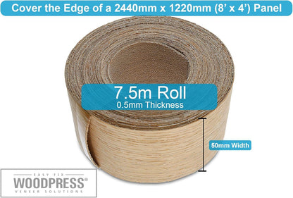 WoodPress® 50mm Real Red Oak Iron-On Edging – 7.5m Roll – Pre-Glued Wood Veneer Tape for Easy DIY Application – Will Cover The Edge of a Standard MDF Panel