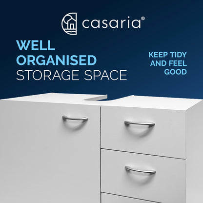 CASARIA® Naples Vanity Unit | Under Sink Bathroom Cabinet | Wooden Floor Cupboard | Toilet Roll & Towel Storage with 3 Drawers | White | Under Basin Freestanding Unit | 63 x 54 x 30cm