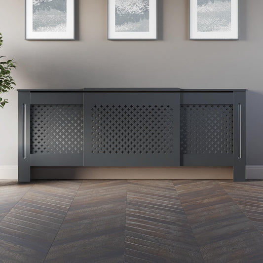 DuraTherm® Radiator Cover Anthracite Grey Painted Traditional Cross Slat Shelves MDF Cabinet Shelf for Radiators, Living Rooms, Bedrooms, Adjustable