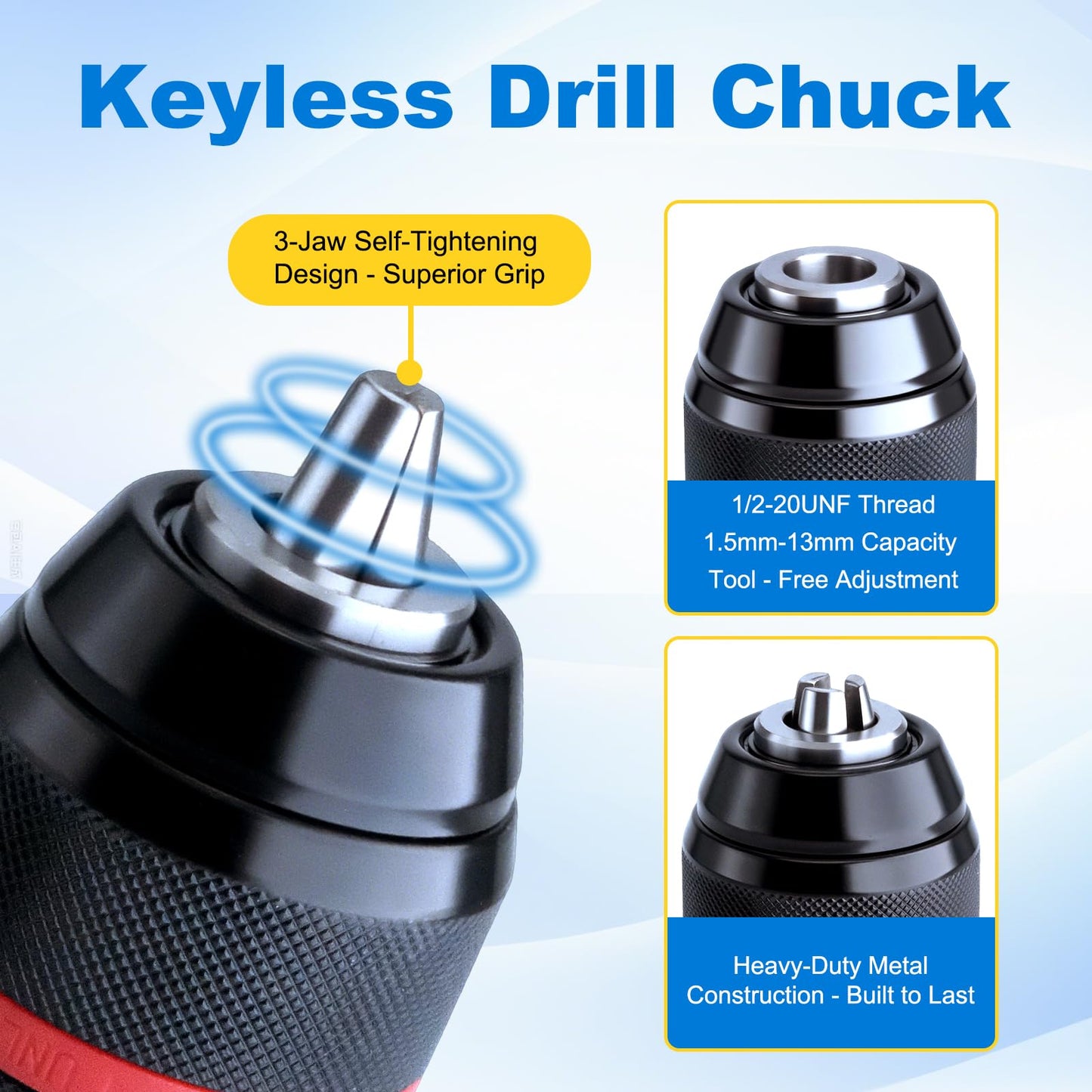 3-in-1 Keyless Drill Chuck Adapter, 1/2"-20 UNF Thread, 1.5-13mm Capacity, with 1/4" Hex, 1/2" Sq, 3/8" SDS-Plus Adapters for Impact Driver, Wrench, Rotary Hammer