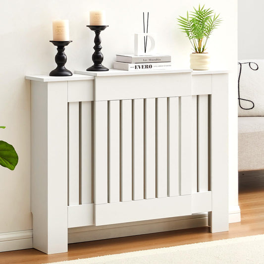 LEMROE Extendable Radiator Cover White, Horizontal Adjustable Heater Cover With Modern Slats Shelf, Wooden Decorative for Living Room, Hallway (W75-105cm)