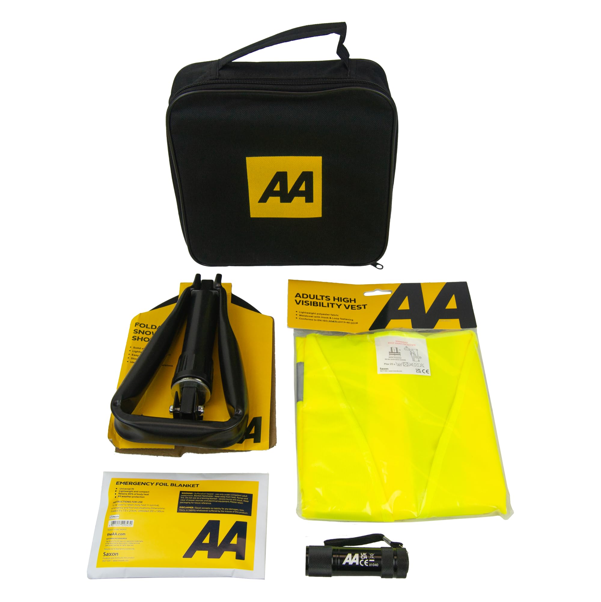 AA Winter Car Kit AA3386 - Folding Snow Shovel, LED/COB Torch, Foil Blanket, Hi-Vis Vest - Zipped Storage Bag – Suitable for Any Vehicle or Home, Black