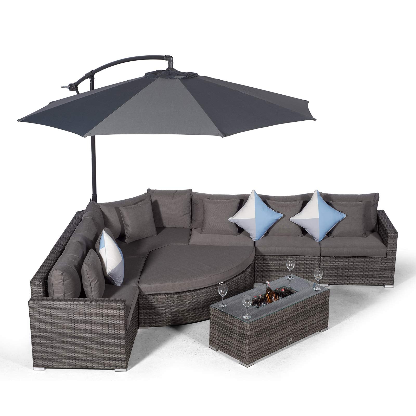 Giardino Santorini 6 Seat Grey Rattan Corner Sofa Set + Large Ice Cooler Table, Parasol + Outdoor Furniture Cover | L Shaped Outdoor Corner Sofa | Poly Rattan Garden Sofa Set + Sun Lounger & Daybed