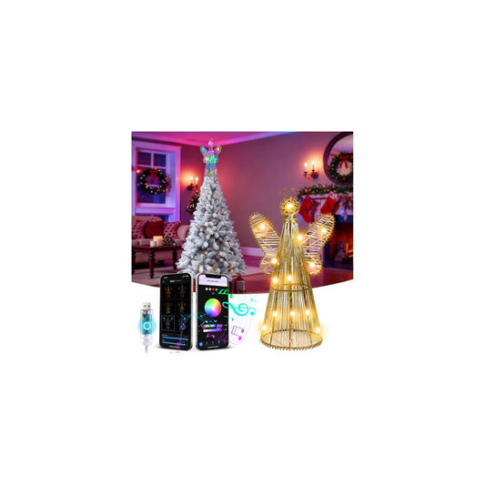 LightingWill Smart Christmas Tree Topper, Light Up 3D Angel Tree Topper with 18 RGB Lights, Timer, App Control, USB Powered, Music Sync, Gold Xmas Tree Topper for Indoor Holiday Decorations