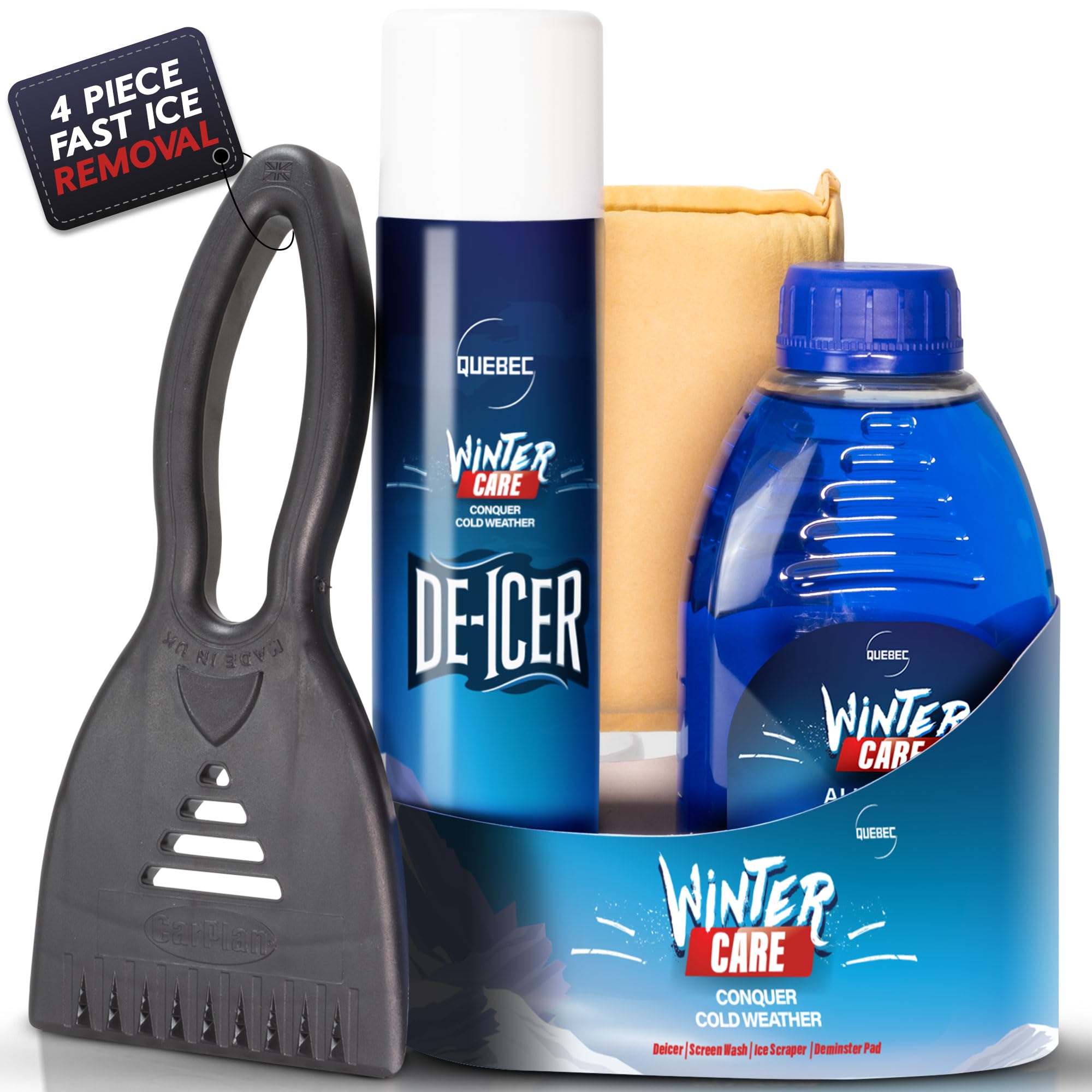 Quebec Winter Essential Gift Pack – Quick Acting Deicer – Removes Dirt and Grime Screen Wash – Prevents Re-Freezing – Ice Scraper Compact Size – Windscreen Demister Pad – Easy to Use