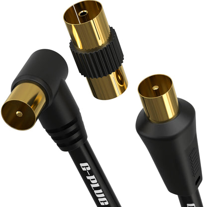 0.5m TV Aerial Cable with Right Angled Plug + Adapter – Coaxial RF Lead Male to Male – Gold-Plated Connector – Freeview, Freesat, Sky Box, BT, TV Antenna Extension