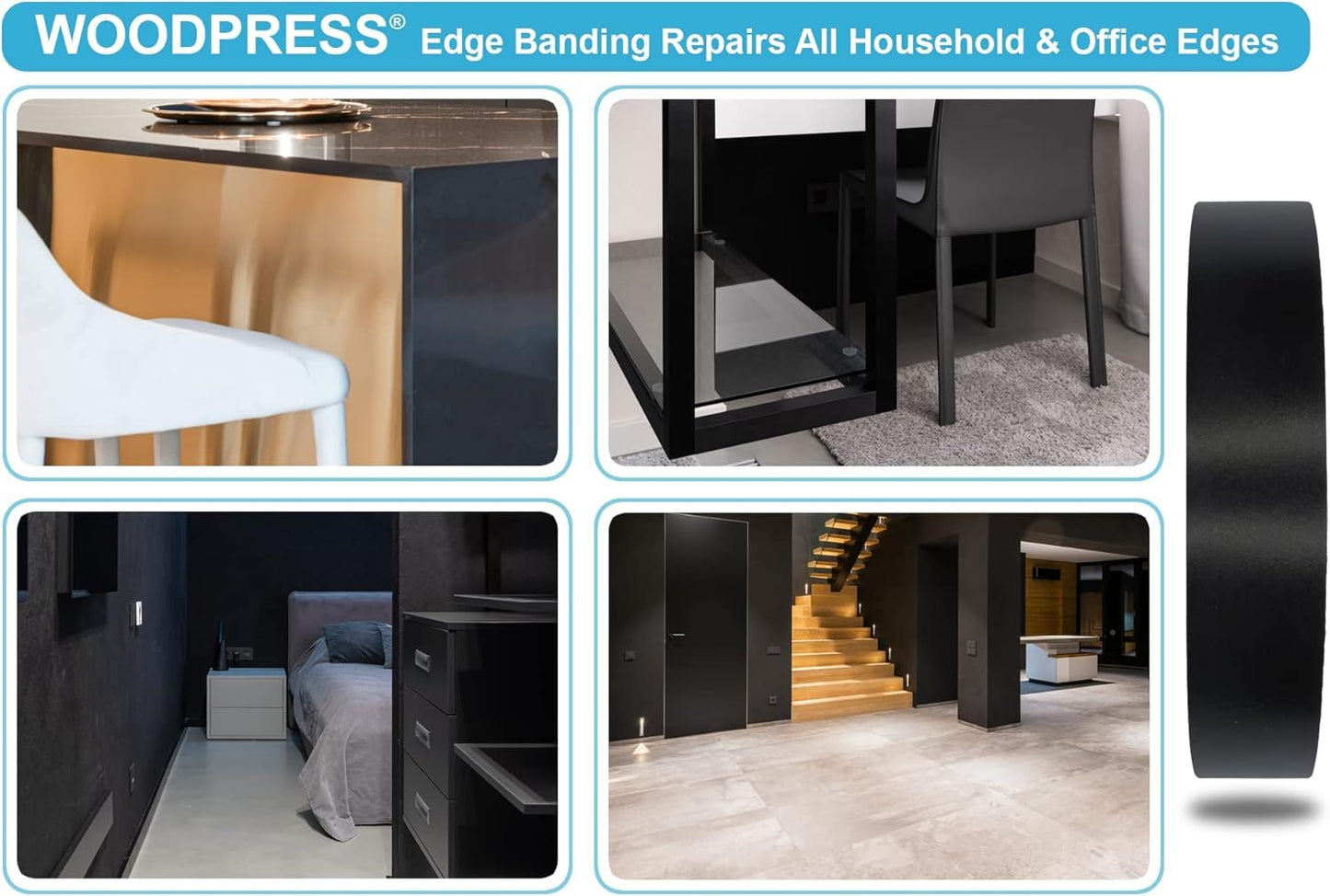 WoodPress® 19mm Matt Black Melamine Edging, Pre-Glued Veneer Tape – 7.5m Roll - Iron-On for Easy DIY Application – Will Cover the Edge of a Standard MDF Panel