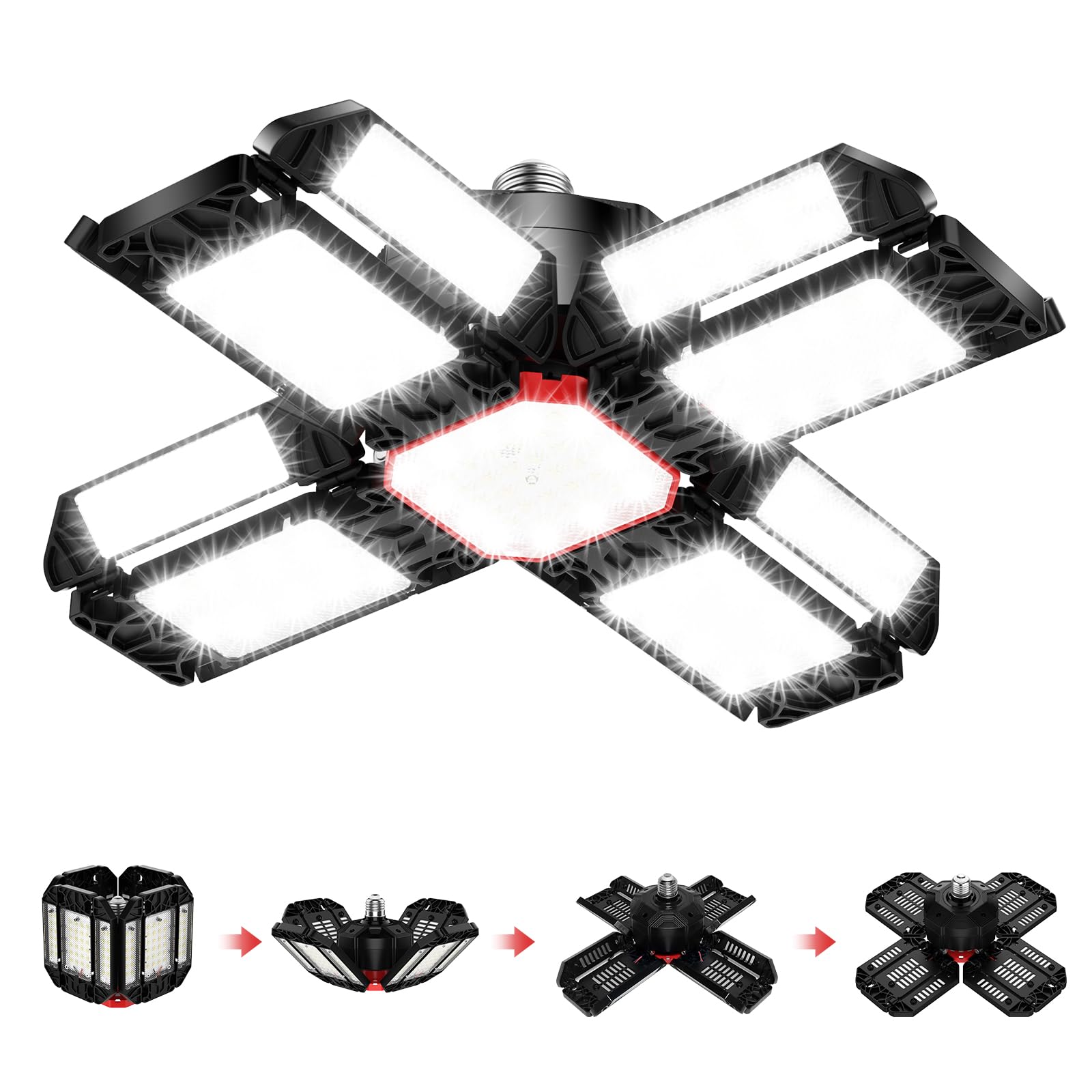 Rafow 200W LED Garage Light 1 Pack - 20000LM 6500K Deformable Ceiling Lighting Fixture with 12 Adjustable Panels - E26/E27 Bay Light for Garage | Basement | Shop | Workshop | Barn | Warehouse