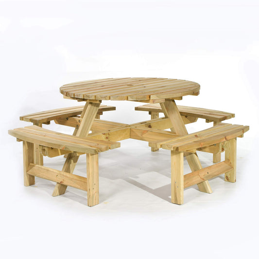 BrackenStyle York 8 Seat Round Picnic Table with Bench Seats and Parasol Hole - Outdoor Dining Furniture for Pubs Garden Patio Use 8 People Seater 1.8M 180cm 6ft Diameter (Green Pine)