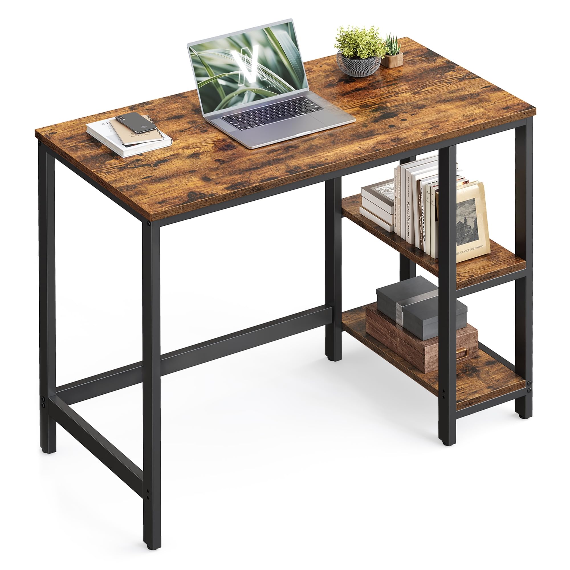 VASAGLE Computer Desk, Office Desk, 100 x 50 x 76 cm, Industrial Style, for Study, Bedroom, Living Room, Rustic Brown and Ink Black LWD046B01