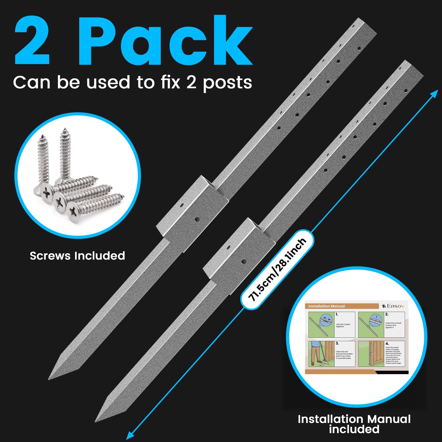 2 Pack Fence Post Repair Stakes - Repair Kit for Damaged Posts - Anchor for Stability - Spikes to Fix Broken Wood Fences