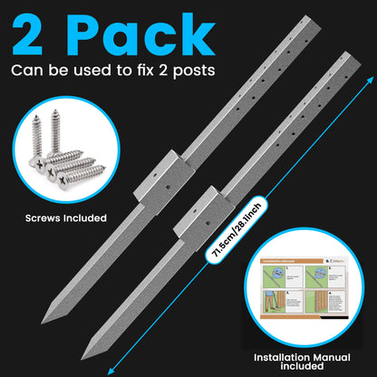 2 Pack Fence Post Repair Stakes - Repair Kit for Damaged Posts - Anchor for Stability - Spikes to Fix Broken Wood Fences