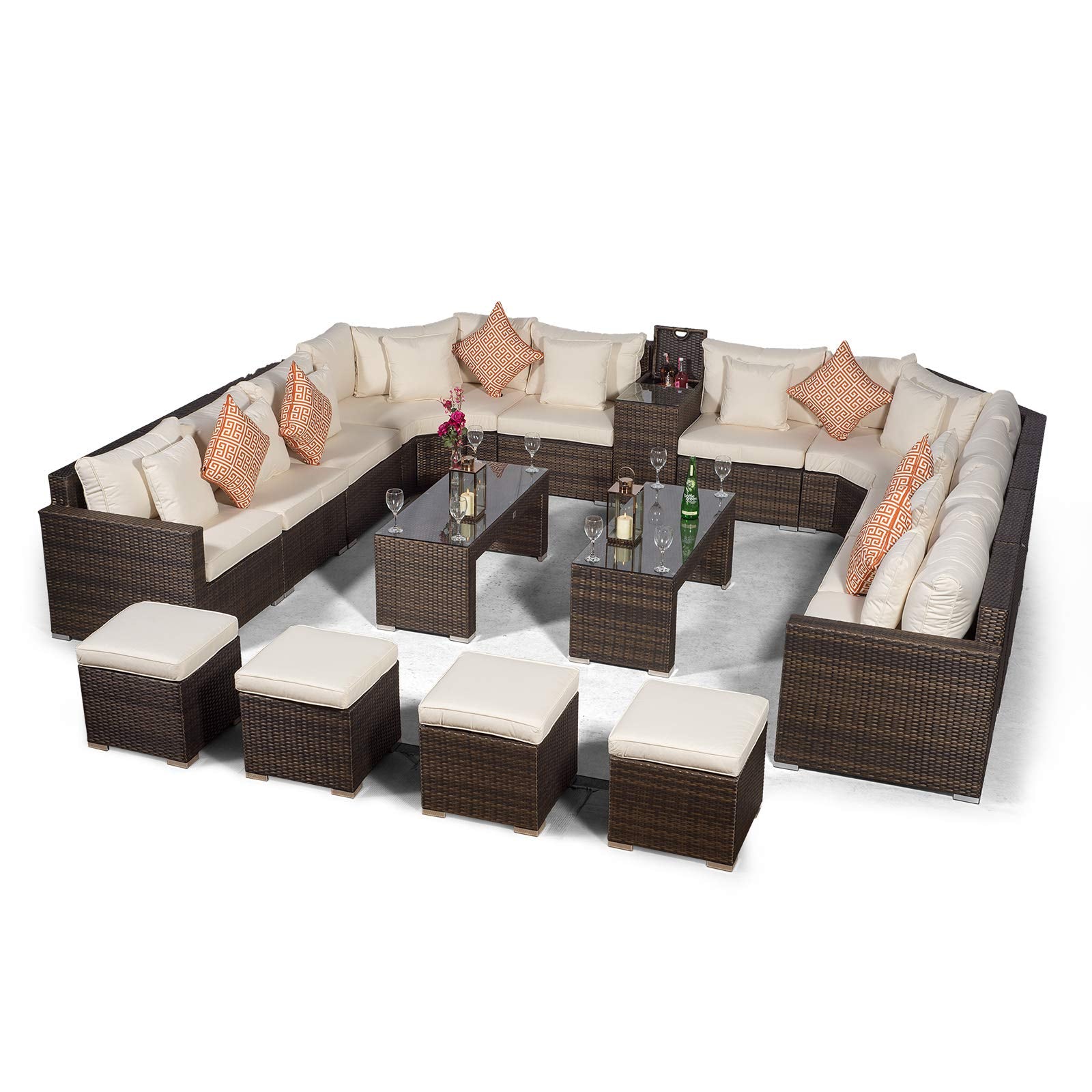 Giardino Santorini Large 10 Seater Brown Rattan Sofa Set + 2 Coffee Tables, 4 Stools + Armrest Cooler + Outdoor Rattan Furniture Cover | Modular Poly Rattan Garden Sofa Set | Outdoor Conversation Set