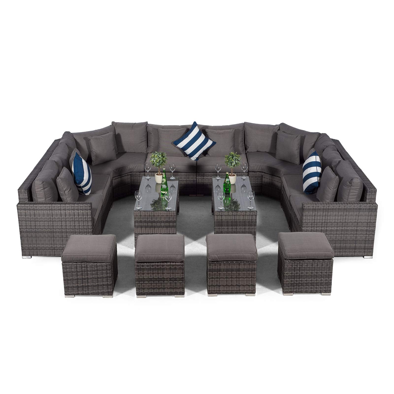 Giardino Santorini Large 8 Seater Grey Rattan Sofa Set + 2 Coffee Tables, 4 Stools + Outdoor Rattan Furniture Cover | U Shaped Modular Poly Rattan Garden Sofa Set | Outdoor Conversation Set