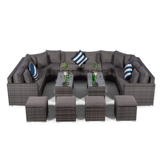 Giardino Santorini Large 8 Seater Grey Rattan Sofa Set + 2 Coffee Tables, 4 Stools + Outdoor Rattan Furniture Cover | U Shaped Modular Poly Rattan Garden Sofa Set | Outdoor Conversation Set