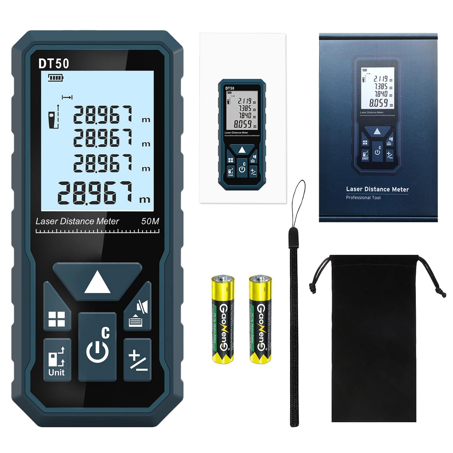 HANMATEK Laser Distance Meter 50m, DT50 Laser Measure 165ft with Portable Handle Digital Measure Tool Range Finder 4-Line Backlit Large LCD Display IP54 Shockproof