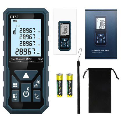 HANMATEK Laser Distance Meter 50m, DT50 Laser Measure 165ft with Portable Handle Digital Measure Tool Range Finder 4-Line Backlit Large LCD Display IP54 Shockproof